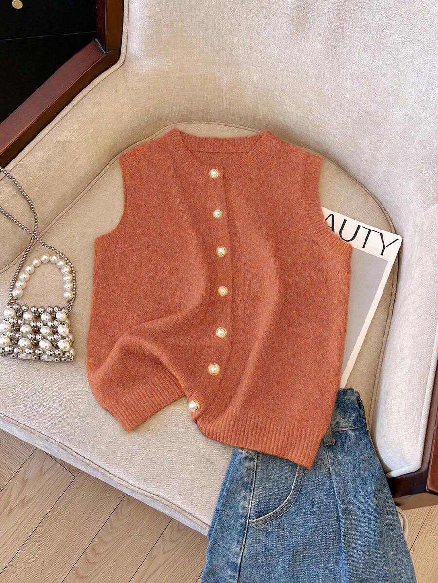 Franclia Áo vest len nữ thanh lịch, tối giản, phong cách Pháp, đa năng, sang trọng. - trái cam - Xem 1
