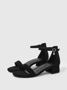 Sleekvia 女士夏季新款圆头粗跟低跟黑色踝带凉鞋，时尚通勤简约百搭，情人节特惠。 - 耀夜黑 - 查看 10