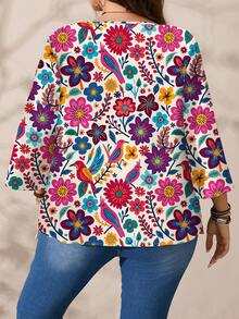 EMERY ROSE Áo kiểu nữ cỡ lớn in hoa, dáng rộng, cổ tròn, tay lỡ 3/4, kiểu dáng thường ngày. - Nhiều màu - Xem 2