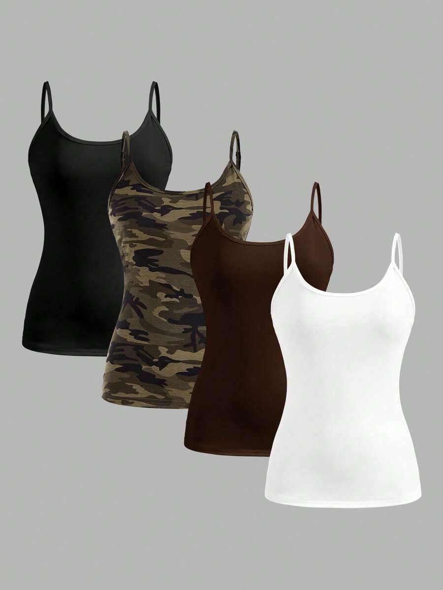 SHEIN EZwear 4件套休闲简约吊带背心,适合夏季穿着 - 彩色 - 查看 1