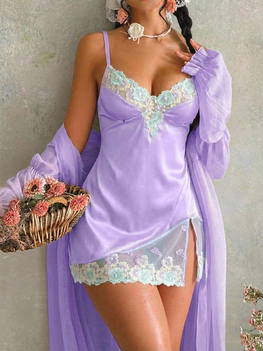 女士两件套婚纱刺绣性感睡衣套装 - 紫丁香色 - 查看 1