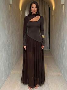 Aloruh 咖啡色方领荷叶边网纱针织长袖连衣裙 - 咖啡 - 查看 2