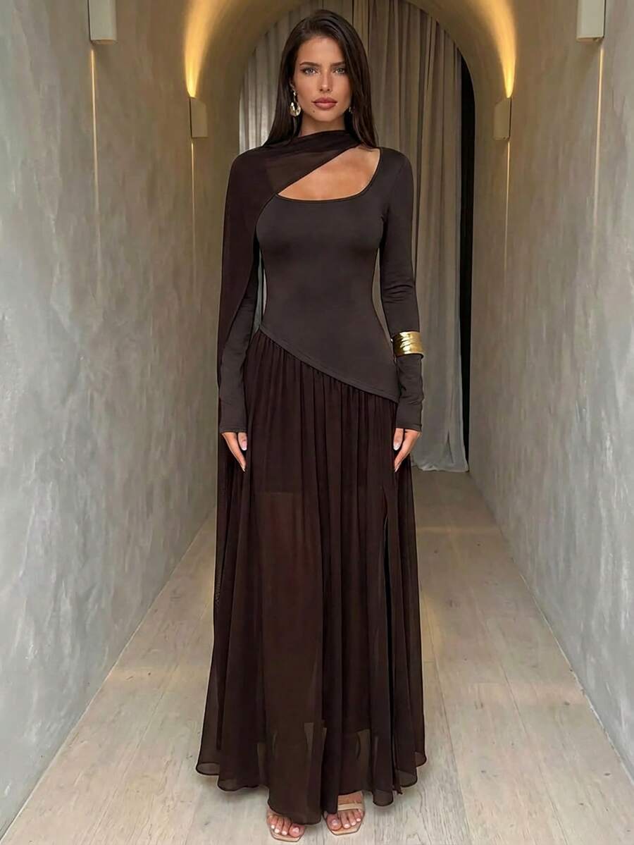 Aloruh 咖啡色方领荷叶边网纱针织长袖连衣裙