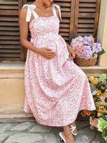 Lyckli Robe de maternité élégante à imprimé floral et design à nœud pour soirée - Rose bonbon - Voir 7