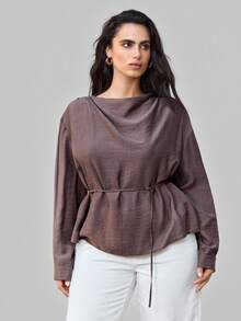 Maija Plus Size Women's Chocolate Brown Crinkle Chiffon Blouse,Elegant Formal Autumn High Neck Long Sleeve Top With Detachable Belt & Cuff Button Decor - Brown - View 2