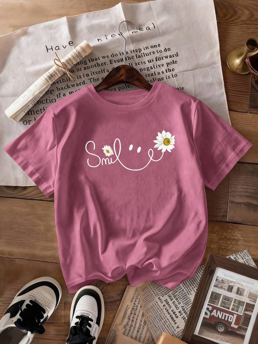 INAWLY 女士字母雏菊印花圆领短袖休闲百搭T恤 - 藕粉色 - 查看 1