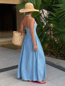 DAZY 女士束腰露背休闲优雅长款牛仔连衣裙，度假风 - 淺色水洗藍 - 查看 5