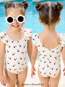 SHEIN 奶油白，复古甜美可爱樱桃印花，BM风格，海岛度假风，少女春夏甜美清爽休闲可爱卡通草莓印花荷叶袖连体泳衣，度假，海滩，沙滩装，度假风，度假穿搭，复古风 - 彩色 - 查看 4