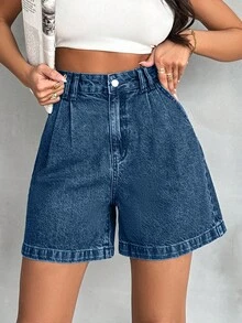 EURMUSE Pantalones de cintura alta de algodón 100% con detalles de bolígrafos, lavado vintage - Azul lavado oscuro - Ver 4