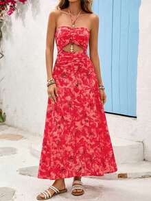 Vivid Eden 波西米亚风印花露背系带镂空串珠装饰度假连衣裙（女款） - 粉色 - 查看 8