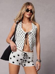 Hauture Women's Polka Dot Lace Up Sweater Hot Short - Black and White - View 4