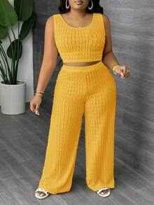 Slaydiva 大码纯白色长款休闲背心和阔腿裤两件套，春夏款 - 鵝黃色 - 查看 4