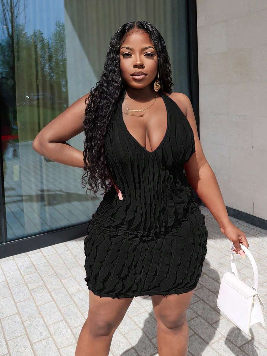 Slaydiva Sexy Neckholder Bodycon Minikleid, plissierter Strickstoff, geeignet für Party, Urlaub, Date