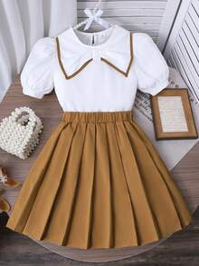 SHEIN 2pcs/Set Tween Girls Elegant Doll Collar Puff Sleeve White Top And Brown Pleated Skirt Outfit, Suitable For Party, School, And Casual Occasions - White - View 4