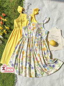 SHEIN Vintaside Kids 2pcs/Set Young Girls Floral Print Sleeveless A-Line Elastic Waist Dress, Suitable For Casual, Beach, Holiday Wear, Summer - Yellow - View 4
