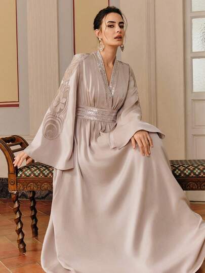 Anewsta Elegant V-Neck Ribbon Placement Embroidered Dress For Women, Suitable For Party, Sequin, Wedding, Spring, Summer, Elegant, Valentine's Day, Carnival