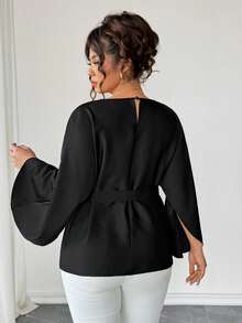 Elenzga Plus Size Women's Elegant French Style Round Neck Flowy Sleeve Self-Tie Waist Shiny Blouse, Spring/Summer/Autumn - Black - View 2