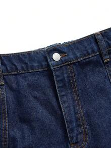 SHEIN MOD 大码女装时尚中长牛仔裙夏季穿搭春季女装复活节裙节日穿搭沙滩装毕业裙优雅裙休闲裙度假装夏季假日装沙滩度假装蓝色裙子女士经典深色水洗牛仔A字中长裙，松紧腰设计休闲日常风 - 深色水洗藍 - 查看 5