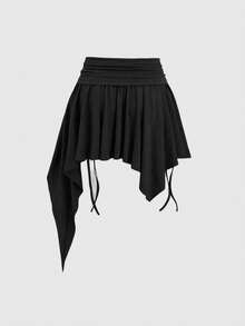 Sweetra Petite 波西米亚风褶皱腰身不对称下摆棕色短裙，适合娇小身材，春夏款 - 黑色 - 查看 2