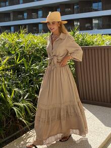 DAZY Bộ đồ 2 mảnh dành cho nữ, kiểu dáng thường ngày, màu trơn, phối ren, gồm áo và chân váy. - Hồng - Xem 6