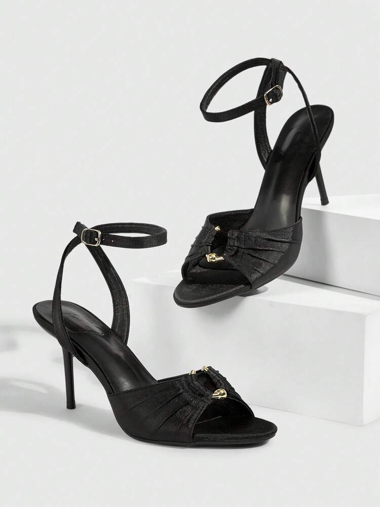 CUCCOO SZL Women Shoes Spring Summer Satin Pleated Design Metal Decoration Open-Toed Stiletto, Sexy Style Silk Satin Black Ladies High Heel Sandals Banquet Party Dating Commuting Shopping Nightclub Dancing Holiday Gifts