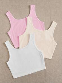 SHEIN EZwear 3件装女士超短紧身休闲吊带背心，粉色、杏色、白色 - 彩色 - 查看 2