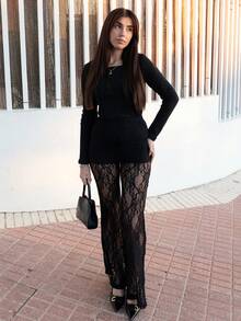 Hitanina 女士高腰喇叭蕾丝针织度假裤 - 黑色 - 查看 1