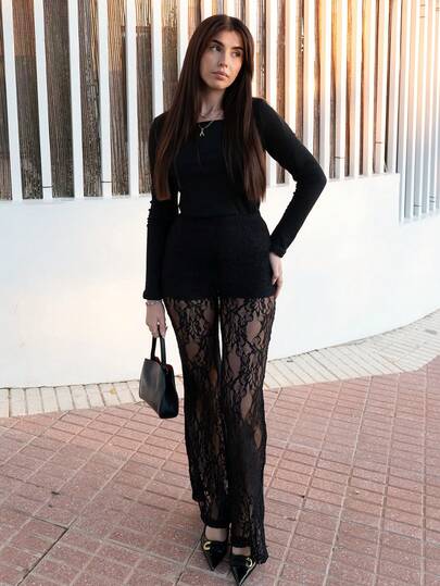 Hitanina Women's High Waist Flare Lace Knit Elegant Pants For Women To Date , Elegant Style, Elegant Clothes For Women ,Sxy Outfits, Night Out Outfits, Going Out Outfit,Lace Flared Pants,For Autumn And Winter
