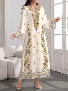 SHEIN Najma Đầm kiểu Ả Rập thanh lịch, cổ chữ V, tay loe, họa tiết hoa retro, thích hợp cho mùa xuân/thu. - Nhiều màu - Xem 4