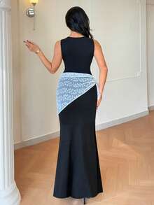 Rafferiza 优雅U领无袖黑色美人鱼连衣裙，饰有蕾丝缎带，女士春夏款 - 黑色 - 查看 2