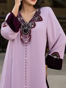 Handmade Velvet Patchwork Rhinestone Embellished Arabic Style Dress, Pink & Burgundy - Purple - View 4
