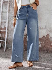 EMERY ROSE 女士高腰带口袋破洞阔腿宽松休闲牛仔裤 - 藍色 - 查看 3