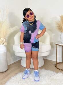 SHEIN 2pcs/Set Knit Tie-Dye Print Casual Comfortable Versatile Outfit, Suitable For Daily Wear, Young Girls - Blue - View 6
