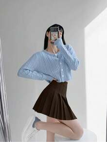 SHEIN Unity 女士休闲百搭纯色百褶迷你裙，夏季 - 棕色 - 查看 5