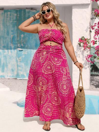 Vivid Eden Plus Size Halter Tie Waist Hollow Out Beaded Decor Bohemian Print Dress For Women, Suitable For Vacation, Spring Clothes Women , Summer Dress , Summer Dresses For Women , Summer Outfits  , Summer Holiday Outfits, Valentine's Day Pink Maxi Dress Women Plus Size Vacation Dress Long Summer Dress Plus Vacation Dresses Woman Curve Ibiza Dress
