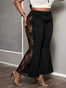 SHEIN PETITE CURVE Plus Size Black Autumn Classy Night Flare Leg Pants,Women's Solid Color Lace Patchwork See Through Pleated Elegant Party Carnival Costume & Weddings - Black - View 6