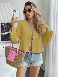 SHEIN Unity 女款休閒純色梭織面料上衣 芥黃色荷葉邊細節長版喇叭袖短版上衣 新款女裝 - 芥末黃 - 查看 6