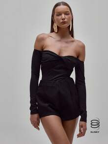 MUSERA Slinky Twist Bust Detail Fitted Long Sleeve Bodysuit,Black,Autumn,Seksi Chic,Club Night Out Elegant Occasion Valentines Bridal Wedding Party - Black - View 1