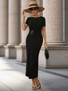 Editum 女士无袖纯黑色束腰弹力修身连衣裙，配金属扣，优雅百搭，适合日常穿着和通勤，春夏款 - 黑色 - 查看 4