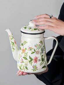 1pc Enamel Water Bottle, Painted Flower Bottle, 1.2-Liter Large-Capacity Water Bottle, Coffee Pot, Narrow-Mouthed Oil Pot, Boiling Pot, Household Boiling Pot, Teapot, - Enamel Teapot - View 1