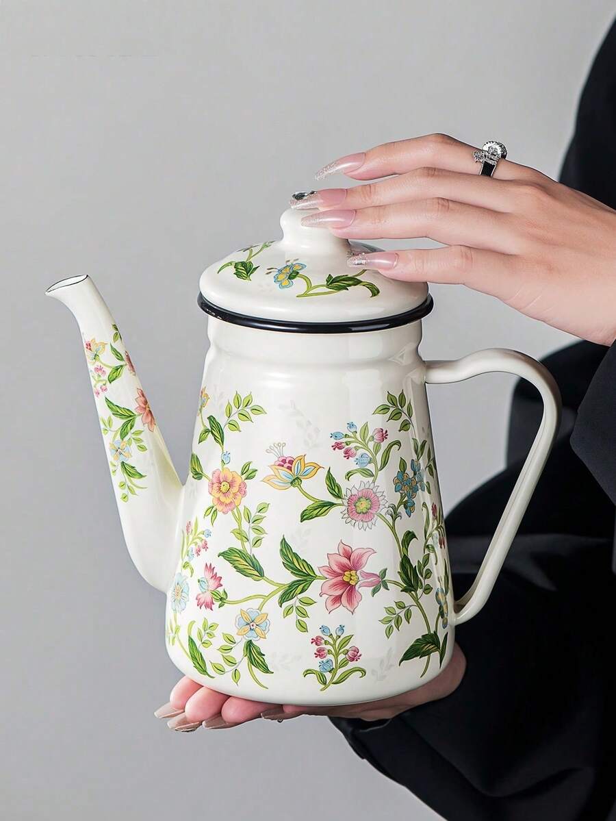 1pc Enamel Water Bottle, Painted Flower Bottle, 1.2-Liter Large-Capacity Water Bottle, Coffee Pot, Narrow-Mouthed Oil Pot, Boiling Pot, Household Boiling Pot, Teapot, - Enamel Teapot - View 1