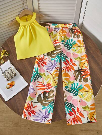 Girls Beach Vacation Basic Halter Shirt + Loose 3/4 Pants Woven Floral 2 Pieces Set