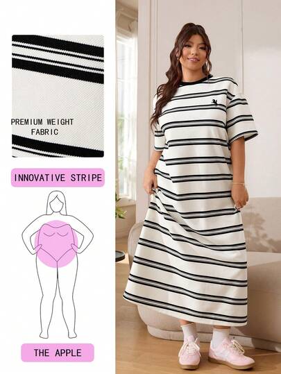 Solflare 2026 Spring/Summer New Casual Everyday Dress, Suitable For Outings, Parties, Dates, Birthday Parties, Music Festivals, Back To School, Home Wear, Versatile Outer Or Inner Wear, Black & White Striped, Black Horse Embroidery, Contrast Color Crew Neck, Short Sleeve, Loose, Long, Plus Size