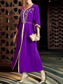 Layrah Women's Elegant Long Sleeve Kaftan In Magenta - Purple - View 9