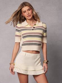 Hauture New Women's Turndown Collar Half-Zip Multi-Color Striped Knit Top - Apricot - View 4