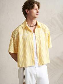 Airaco Men's Casual Striped Print Short Sleeve Shirt, Summer - Yellow - View 6