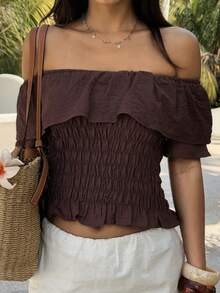 Livesso Brown Ruffled Off-Shoulder Vacation Blouse For Women Summer - Coffee Brown - View 4