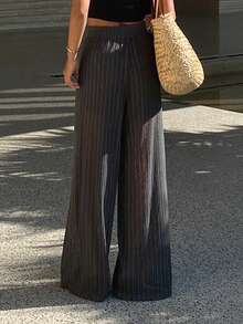 Livesso Women's Textured Hollow Striped Loose Casual Lightweight Outdoor Vacation Beach Straight Leg Pants, Spring/Summer - Dark Grey - View 5