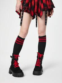 ROMWE Grunge Punk Giày bốt nữ phong cách rock punk goth buộc dây, bốt cổ ngắn đế dày, đế cao, thích hợp cho Giáng sinh và Ngày Valentine. - Màu đen - Xem 3