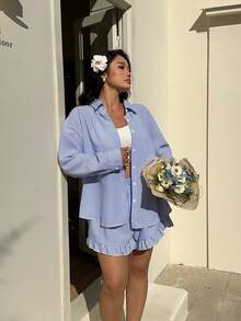 Sunnyshic 2pcs Women Striped Print Sleeveless Collared Embroidered Shirt & Elastic Waist Casual Shorts Set, Spring/Summer - Blue and White - View 5